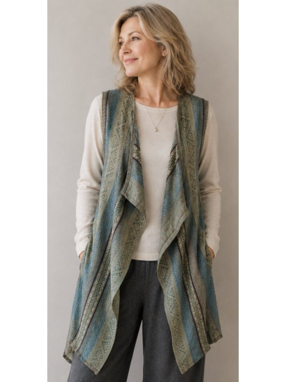 PERUVIAN CONNECTION Cotton Linen Aztec Duster Cardigan Vest Size XL Lagenlook
